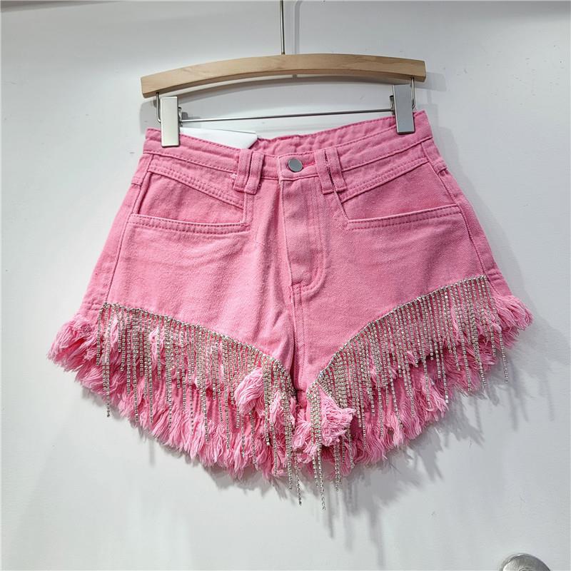 European Station 2023 Spring/Summer New Collection: Broken Hole High Waist Water Diamond Tassel Chain, Slim Fit and Slim Straight Tube Denim Shorts for Women European Station 2023 Spring/Summer New Collection: Broken Hole High Waist Water Diamond Tassel Chain, Slim Fit and Slim Straight Tube Denim Shorts for Women