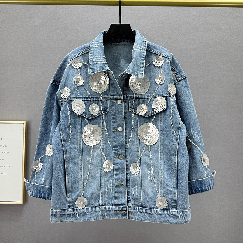 Thailand Chaopai 2025 Spring Autumn New Heavy Industry Sequins Denim Coat Women's Loose Slim Collar Long Sleeve Top Thailand Chaopai 2025 Spring Autumn New Heavy Industry Sequins Denim Coat Women's Loose Slim Collar Long Sleeve Top