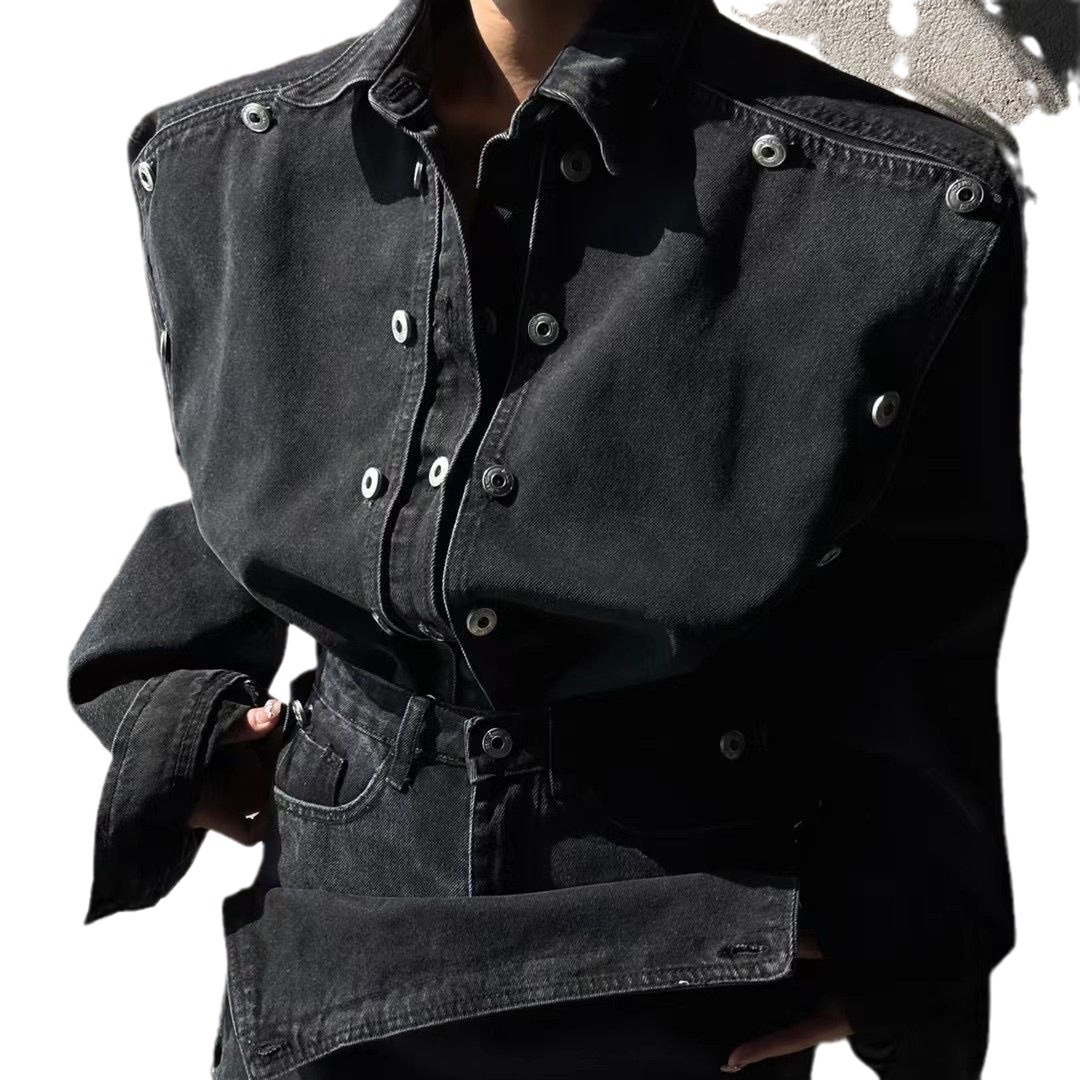 South Korea 2023 early autumn new loose heavy button detachable denim jacket high waist slimming skirt pants set for women's fashion South Korea 2023 early autumn new loose heavy button detachable denim jacket high waist slimming skirt pants set for women's fashion