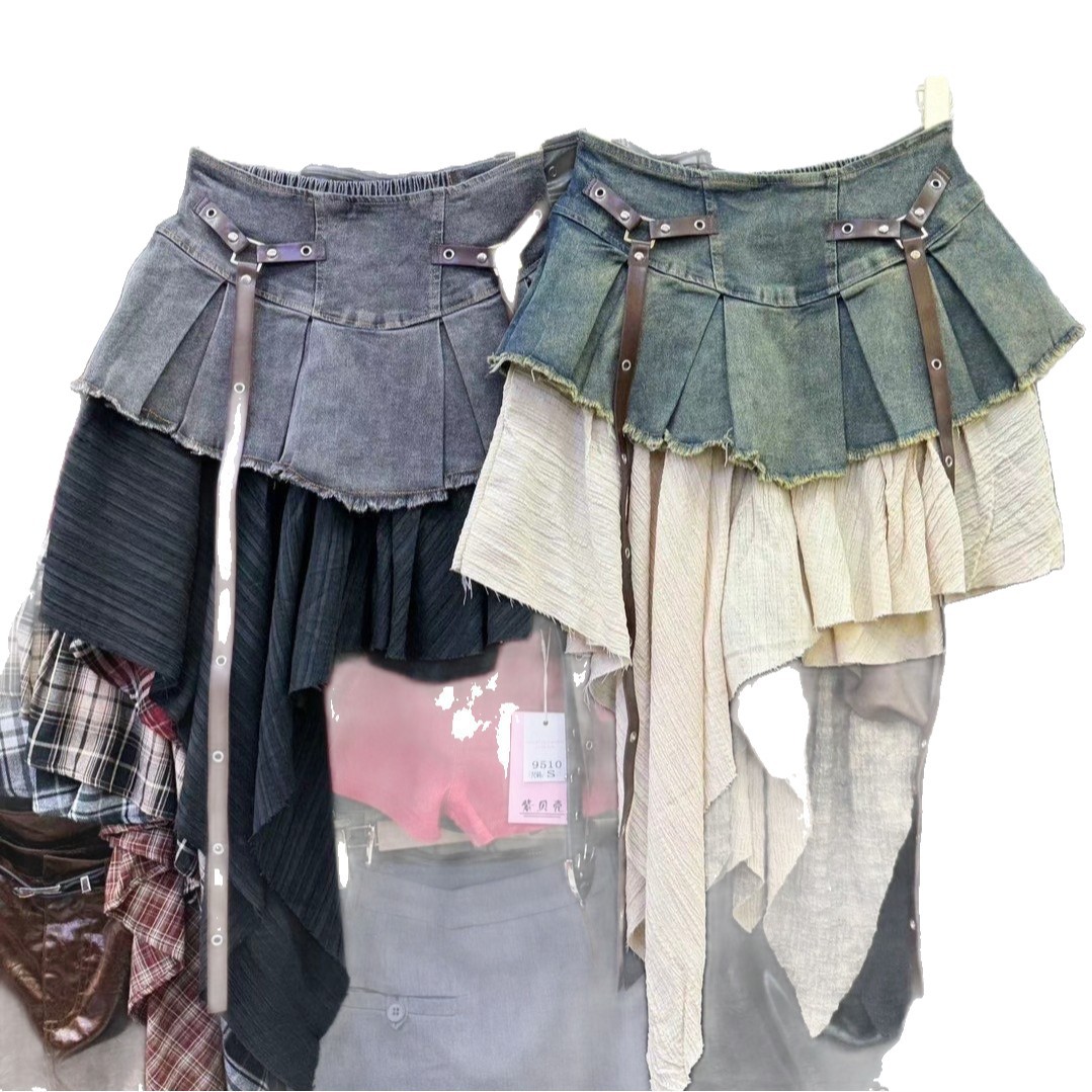 Retro patchwork denim pleated midi skirt for women's summer new style, with a spicy and fashionable high waist slimming A-line short skirt Retro patchwork denim pleated midi skirt for women's summer new style, with a spicy and fashionable high waist slimming A-line short skirt