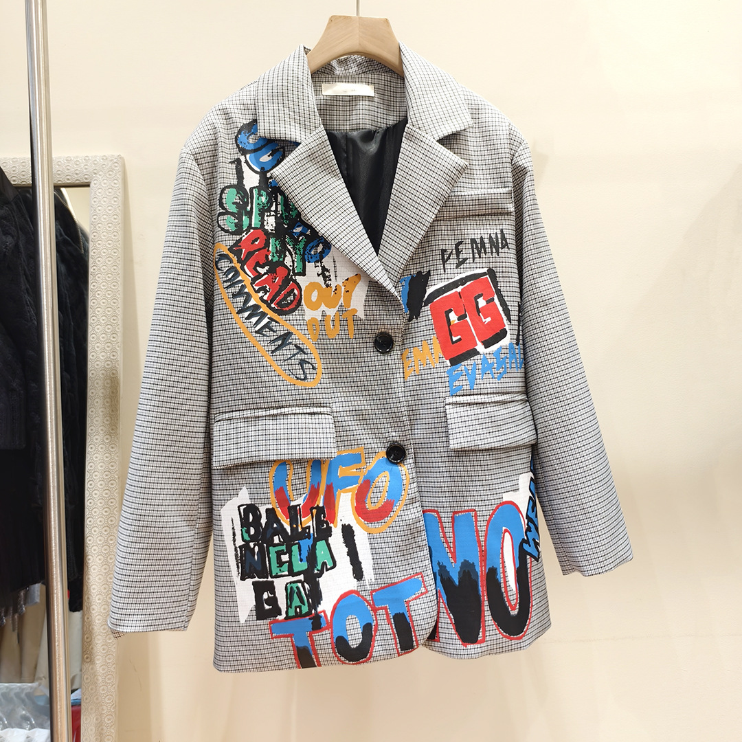 European Station 2025 Spring and Autumn New Graffiti Design British Style Grid Loose Suit Women's Coat Hong Kong Style Suit Trend