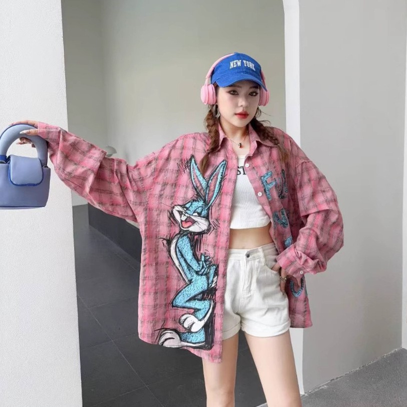 Thailand Chaopai 2025 Spring Autumn New Heavy Industry Cartoon Long Sleeve Shirt Women's Loose Casual Versatile Cardigan Top