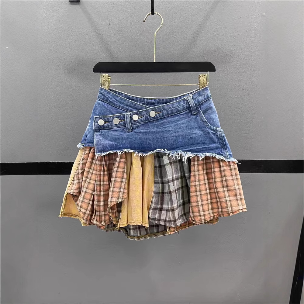 American retro checkered patchwork denim short skirt for women's summer new style spicy girl low waist slimming irregular half skirt trend