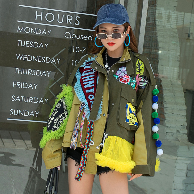 2021 autumn and winter European fashion brand women's clothing heavy industry embroidery lace denim short windbreaker women's loose jacket cross-border