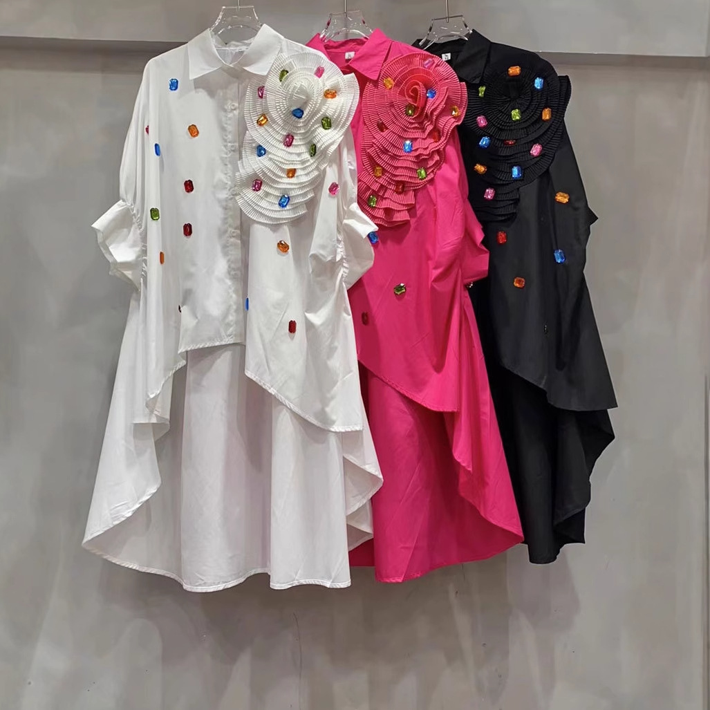 2025 Spring New Long Shirt Irregular Design Bat Sleeve Three Dimensional Flower Shirt Loose Concealing Meat Women's Clothing