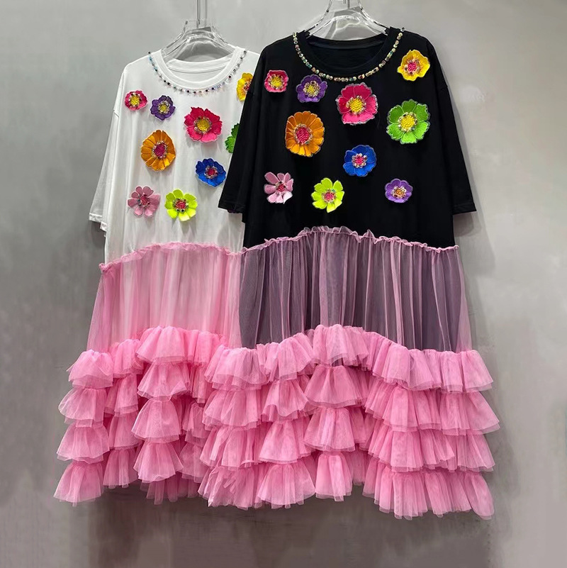 Thailand Fashion Brand Summer New Sequin Flower T-shirt Splicing Short Sleeve Mesh Cake Women's Dress Medium length