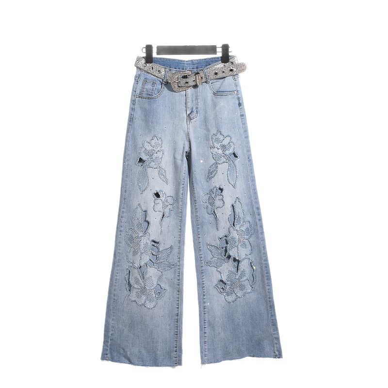 European Station 2025 Spring New Lace Embroidered Trumpet Jeans for Women, High Waist, Slim Look, Hot Diamond Wide Leg Pants, European Products European Station 2025 Spring New Lace Embroidered Trumpet Jeans for Women, High Waist, Slim Look, Hot Diamond Wide Leg Pants, European Products