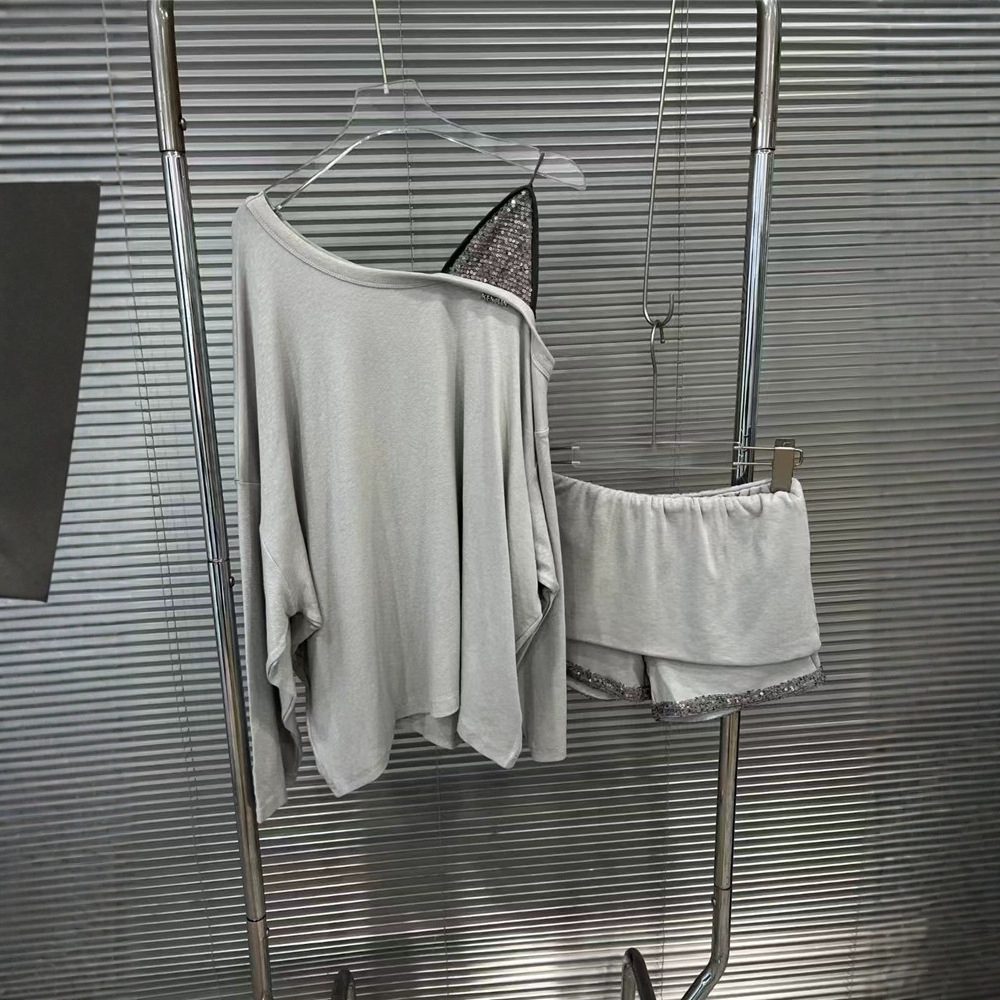 2025 Spring/Summer New American Spicy Girl Style Loose and Skinny Versatile Glitter Strap+Long Sleeve T-shirt+Shorts Women's Trendy