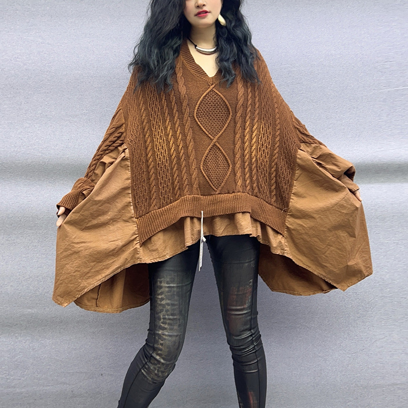 Personalized Distressed Fried Dough Twists Knitted Splice Ruffles Large Loose Bat Sleeve V-Neck Long Sleeve T-Shirt for Women Spring