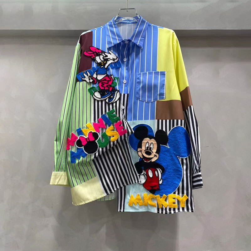 Colorful splicing loose silhouette crisp shirt 2025 new European station embroidered cartoon striped shirt trendy brand