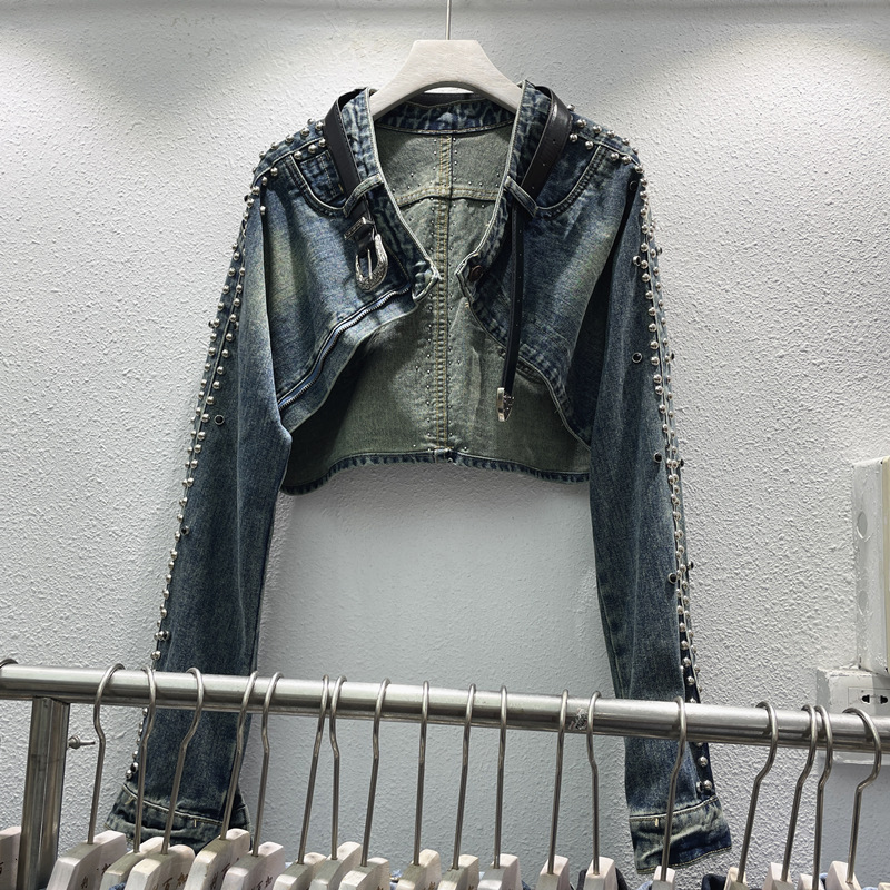 European Trendy Brand 2023 Autumn New Street Motorcycle Heavy Industry Metal Rivet Wash Water Shawl style Cowboy Short Coat