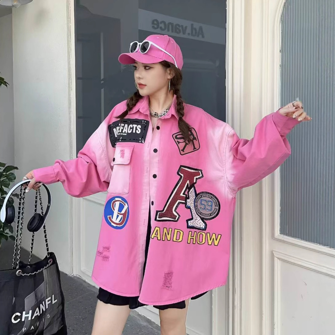 European Coolsa Heavy Industry Cowboy Shirt for Women 2025 Spring and Autumn New Large Medium Long Loose and Versatile Cartoon Jacket