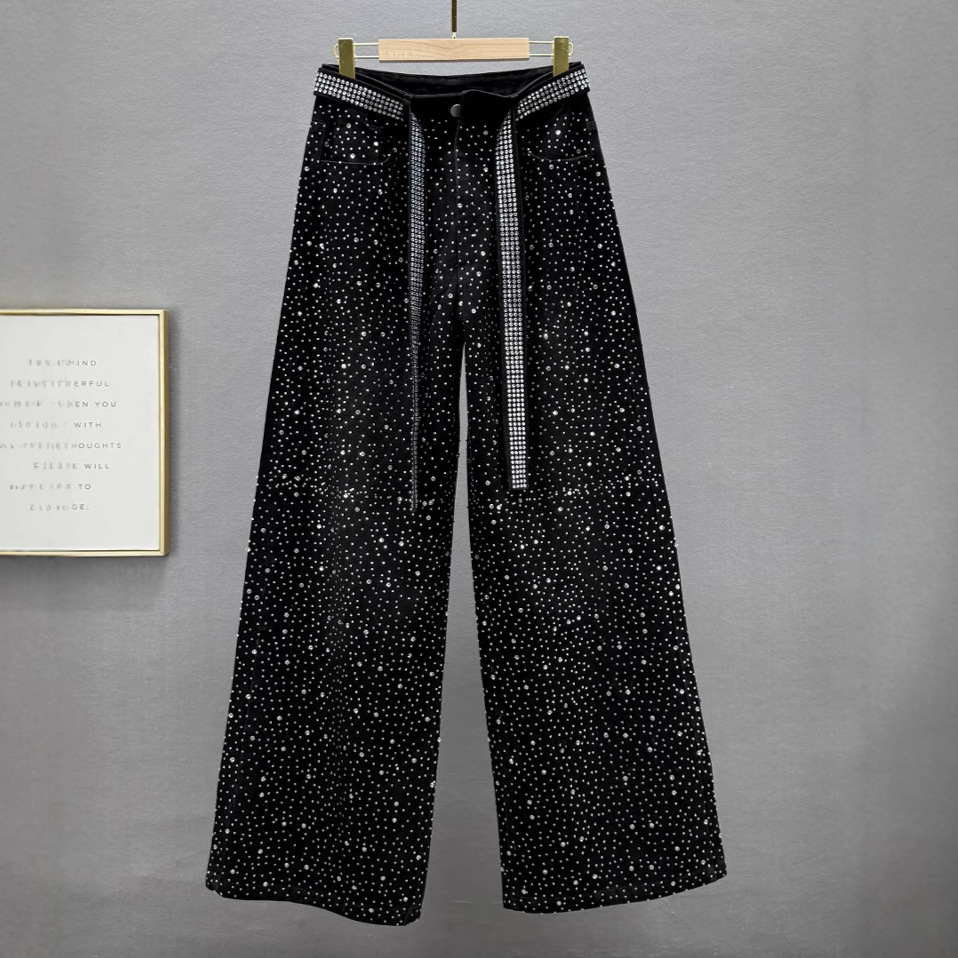 European Station Starry Hot Diamond Vintage Jeans for Women's Niche Loose Heavy duty Wide Legs 2025 Spring New Style Trend