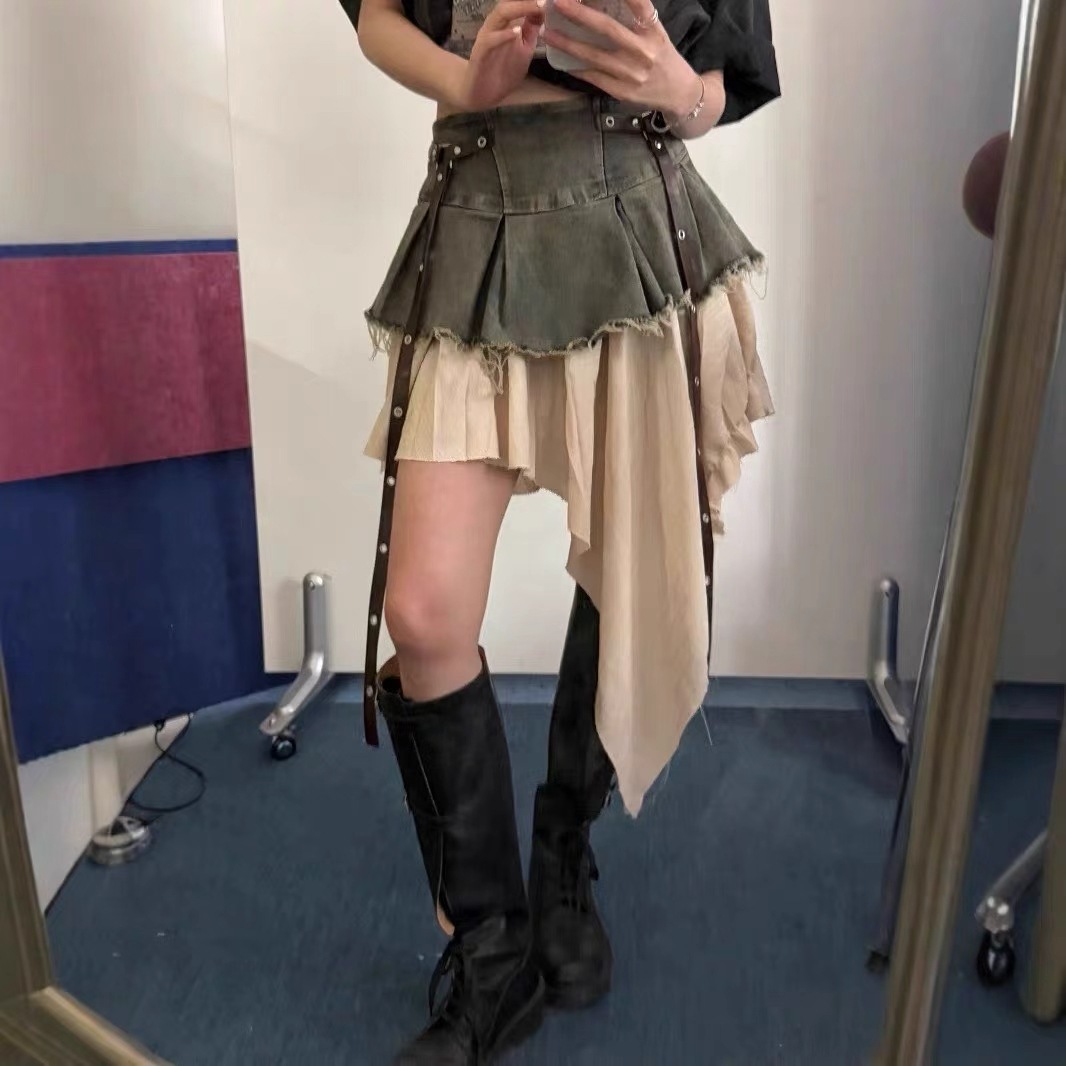 Retro patchwork denim pleated midi skirt for women's summer new style, with a spicy and fashionable high waist slimming A-line short skirt Retro patchwork denim pleated midi skirt for women's summer new style, with a spicy and fashionable high waist slimming A-line short skirt