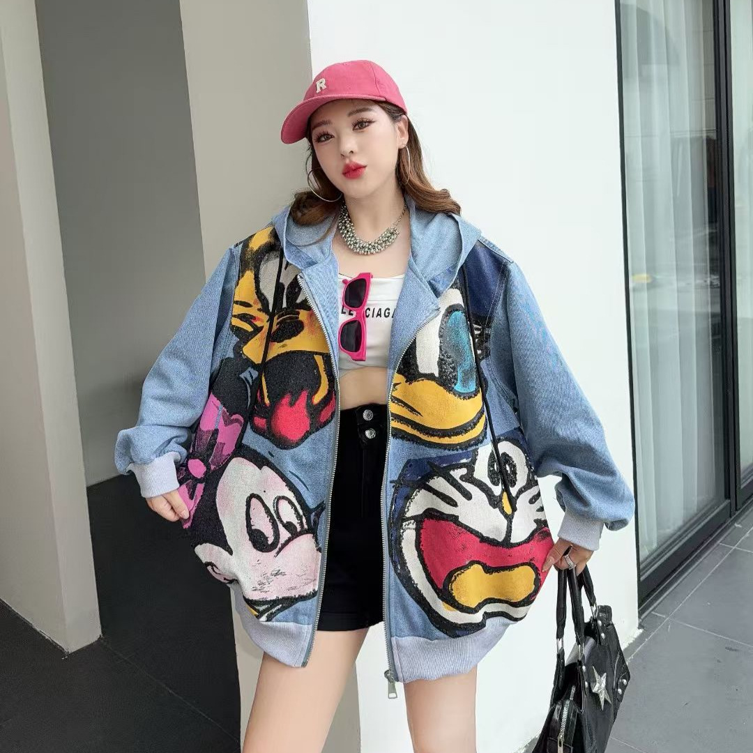Thailand Chaopai 2025 Autumn New Heavy Industry Sequins Cartoon Coat Women's Loose Medium length Hooded Versatile Top