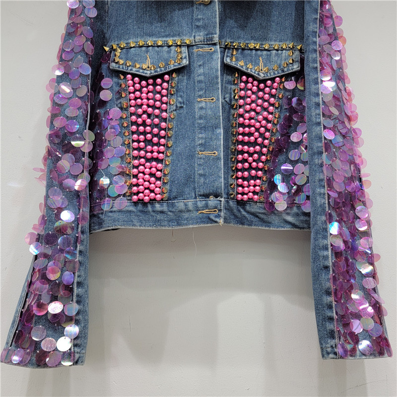 2023 autumn new heavy industry nail bead powder sequin denim jacket, women's short and short top design jacket 2023 autumn new heavy industry nail bead powder sequin denim jacket, women's short and short top design jacket