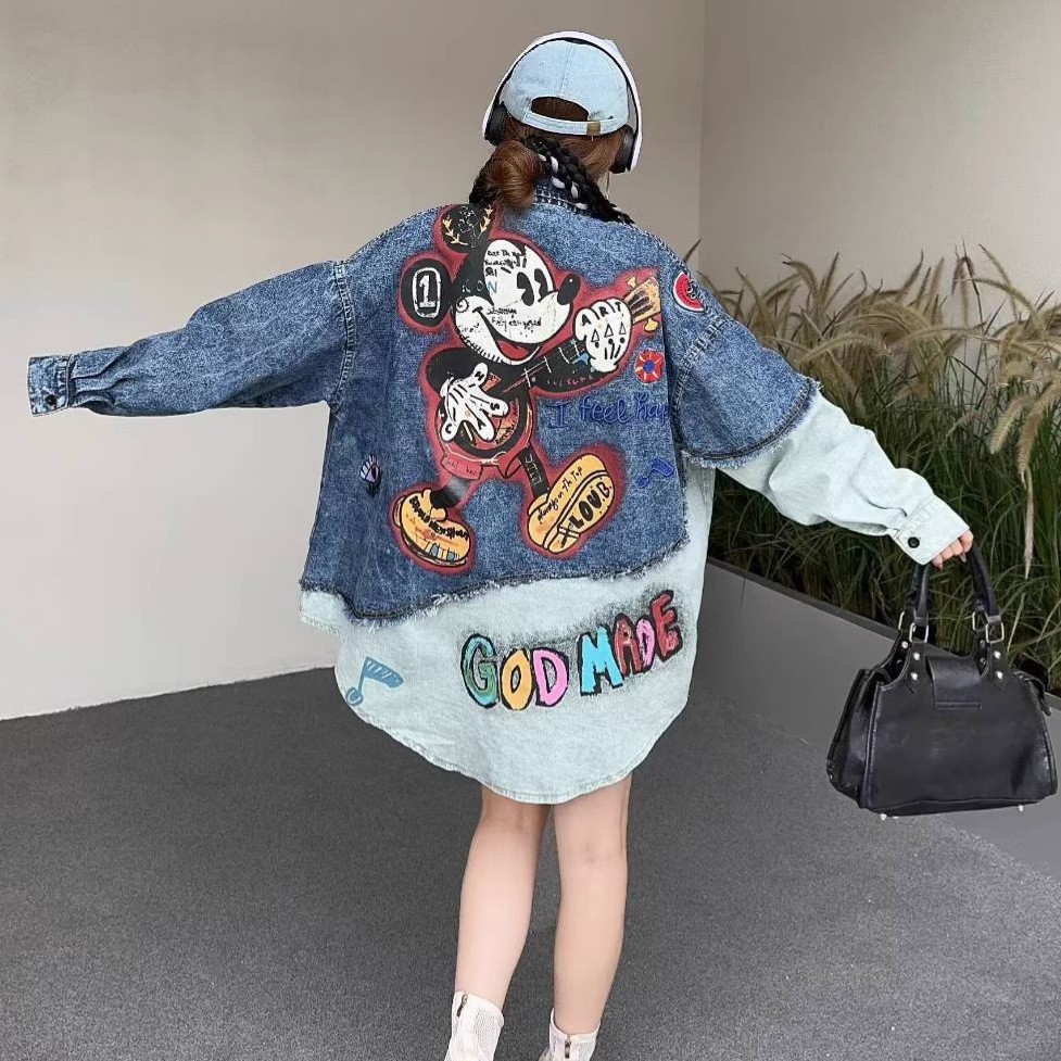 European Trendy Brand 2025 Spring and Autumn Heavy Industry Cartoon Printed Cowboy Shirt for Women, Loose, Casual, Versatile, and Age reducing Top