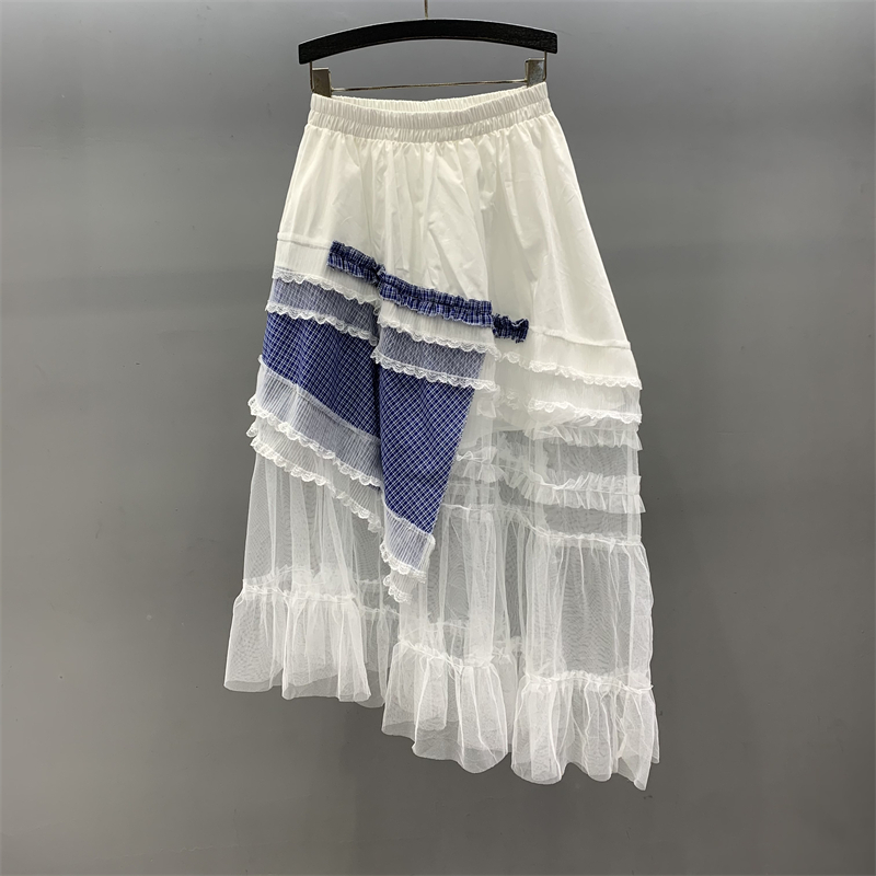 Irregular lace mesh patchwork skirt for women's summer 2025 new high waisted loose fit slimming A-line large swing long skirt Irregular lace mesh patchwork skirt for women's summer 2025 new high waisted loose fit slimming A-line large swing long skirt