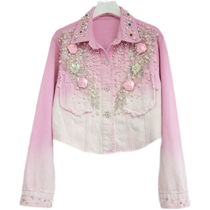 European fashion brand 2023 autumn new heavy industry nail bead denim short jacket women's loose gradient jacket versatile top European fashion brand 2023 autumn new heavy industry nail bead denim short jacket women's loose gradient jacket versatile top