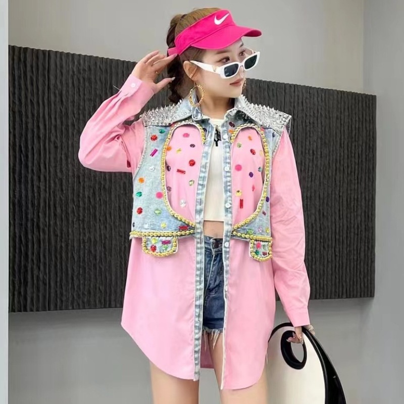 European Trendy Brand 2024 Spring New Style Yangqi Heavy Industry Handmade Nail Bead Coat Women's Loose Splicing Cowboy Shirt Women's Trendy