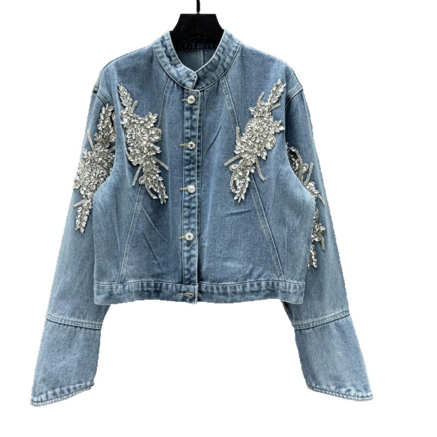 Thailand Fashion Brand Spring and Autumn 2025 New Products Heavy Industry Diamond inlaid Denim Coat Women's Loose Slim Stand Collar Long Sleeve Top Thailand Fashion Brand Spring and Autumn 2025 New Products Heavy Industry Diamond inlaid Denim Coat Women's Loose Slim Stand Collar Long Sleeve Top