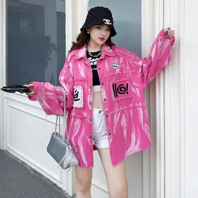 European fashion brand Cool Sa ripped denim jacket for women in spring 2025, new letter printed polo collar casual shirt