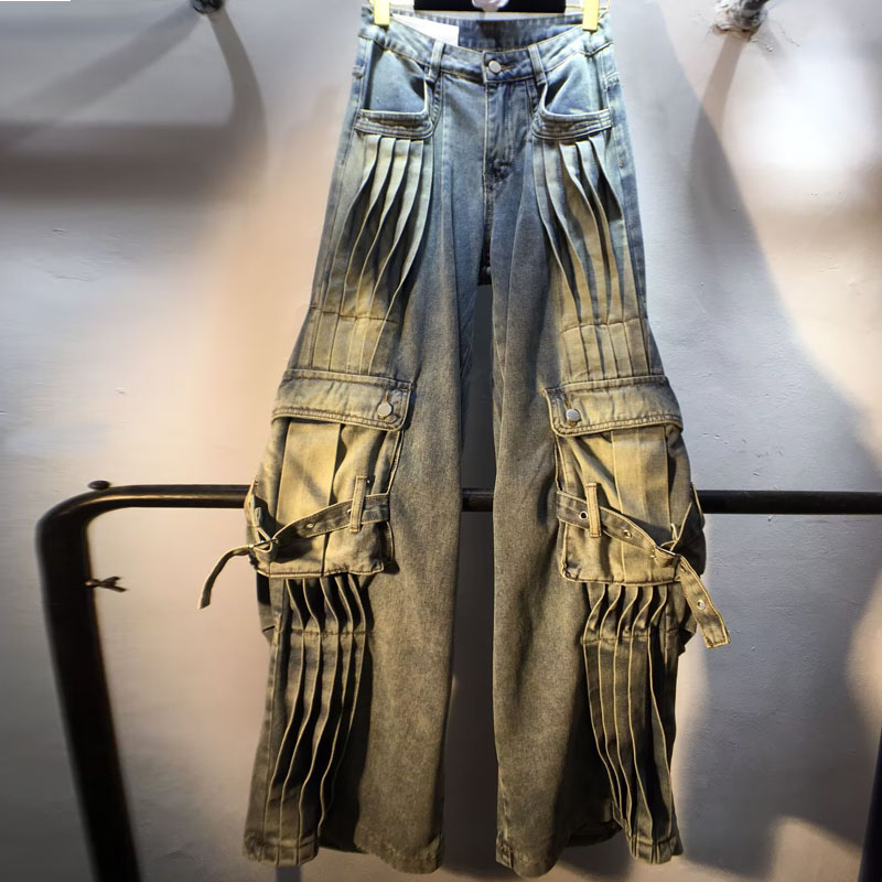 European station 2025 Spring and Autumn new pleated design, high waist slimming work pants, straight leg denim pants, women's trendy brand European station 2025 Spring and Autumn new pleated design, high waist slimming work pants, straight leg denim pants, women's trendy brand