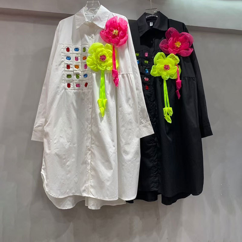 2025 Spring New Long Shirt Dress Medium to Long Heavy duty Nail Bead Inlaid Diamond Three Dimensional Flower Fashion Women's Wear