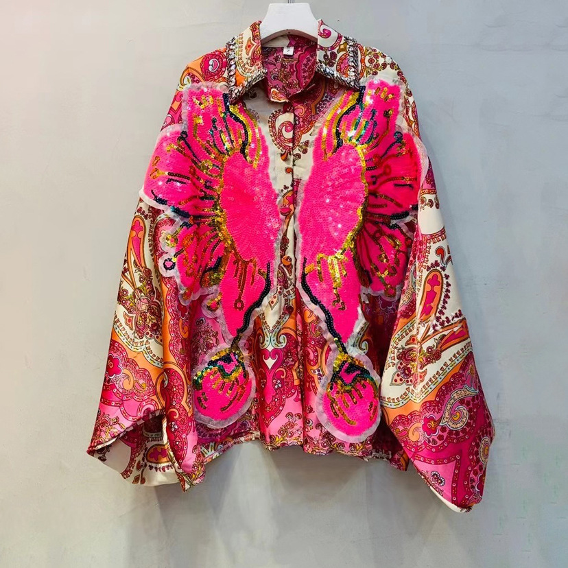 Thailand Chaopai 2024 Spring New Vintage Printed Shirts Women's Beaded Sequins Versatile Loose Shirts