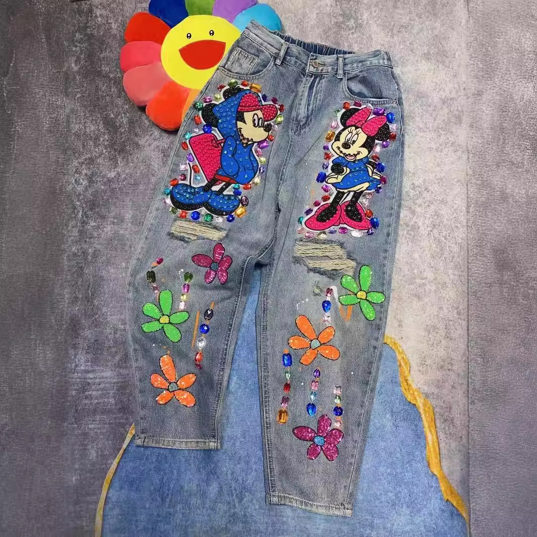 Thailand Chaopai 2024 Spring Summer Heavy Industry Beaded Jeans Women's Worn out Sequins Gem Hand Wash Pants Thailand Chaopai 2024 Spring Summer Heavy Industry Beaded Jeans Women's Worn out Sequins Gem Hand Wash Pants