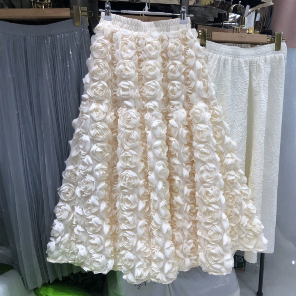 French mesh midi skirt 2025 spring new heavy industry three-dimensional flower skirt high waist large swing A-line long skirt for women