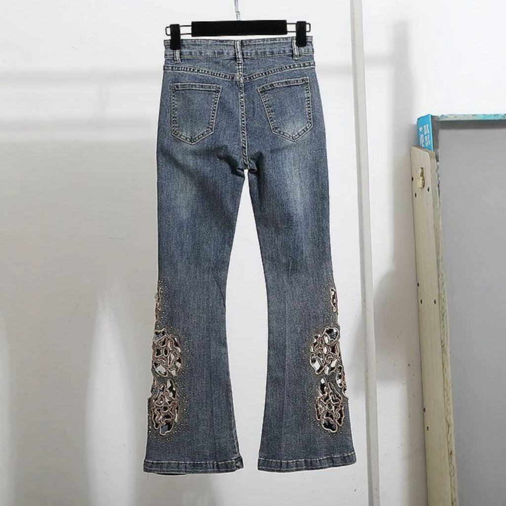 European Station 2025 Spring New Fashionable and Stylish Slimming and Slimming Heavy Industry Hollow Micro Horn Jeans Women's Trendy Brand European Station 2025 Spring New Fashionable and Stylish Slimming and Slimming Heavy Industry Hollow Micro Horn Jeans Women's Trendy Brand