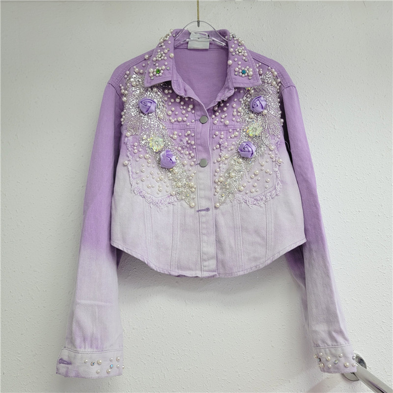 European fashion brand 2023 autumn new heavy industry nail bead denim short jacket women's loose gradient jacket versatile top European fashion brand 2023 autumn new heavy industry nail bead denim short jacket women's loose gradient jacket versatile top