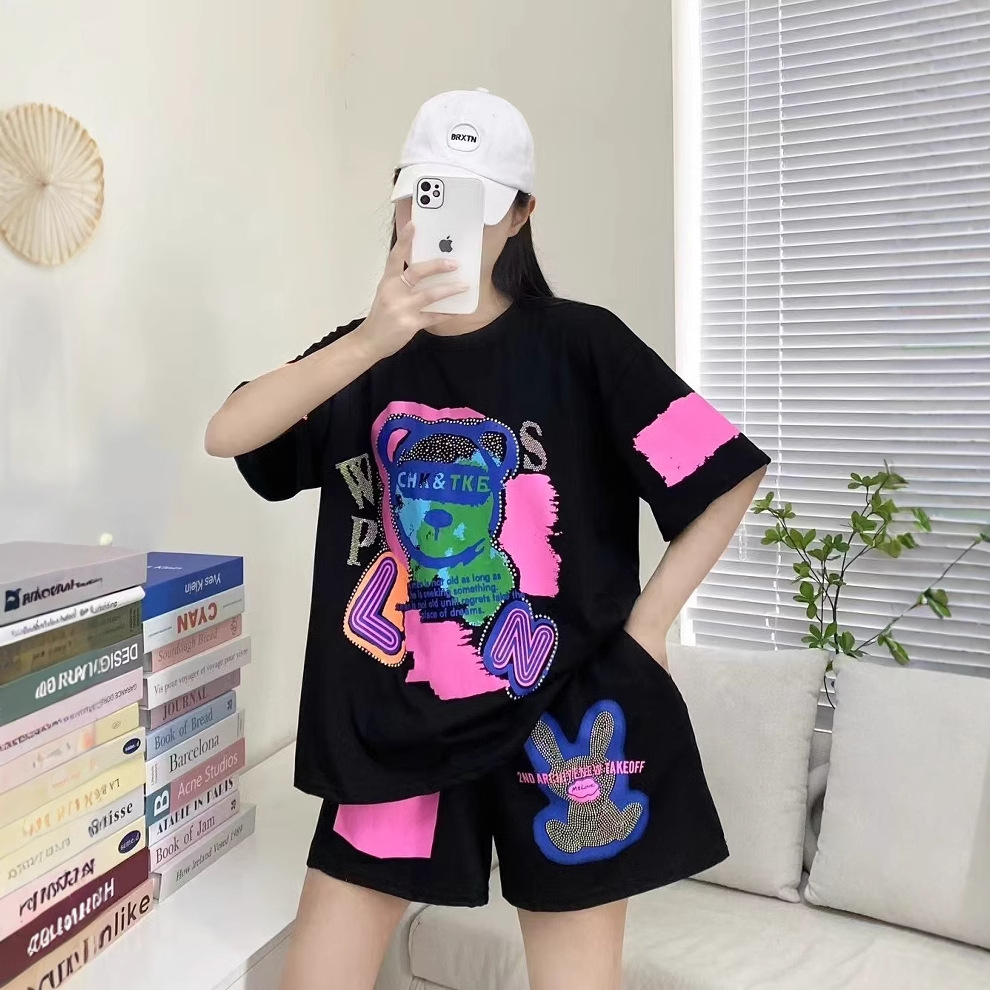 European Station 2025 Spring New Fashion Set, Casual Sports Printed T-shirt, Shorts, Two Women's Trendy Brands