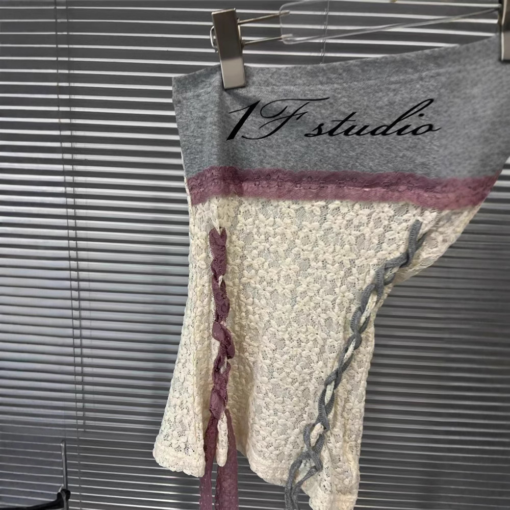 2025 Spring/Summer New American Spicy Girl Style Lace Splicing Fake Two piece Hoodie Women's Slant Shoulder Slimming Off Shoulder Top Trendy 2025 Spring/Summer New American Spicy Girl Style Lace Splicing Fake Two piece Hoodie Women's Slant Shoulder Slimming Off Shoulder Top Trendy