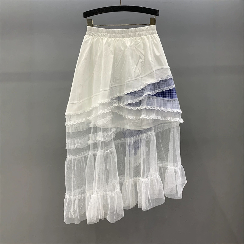 Irregular lace mesh patchwork skirt for women's summer 2025 new high waisted loose fit slimming A-line large swing long skirt Irregular lace mesh patchwork skirt for women's summer 2025 new high waisted loose fit slimming A-line large swing long skirt