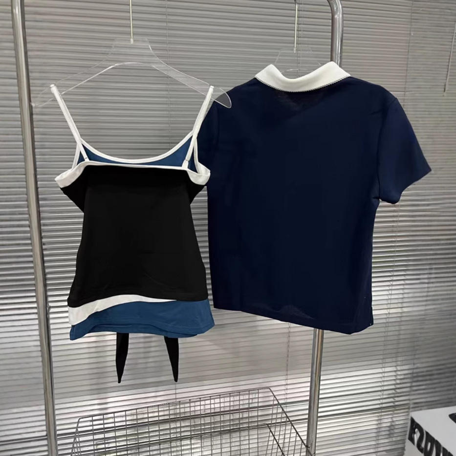 European 2025 Spring/Summer New Style French Retro Color Contrasting Splicing Strap Top Women's Slimming Short Sleeve T-shirt Two Piece Set European 2025 Spring/Summer New Style French Retro Color Contrasting Splicing Strap Top Women's Slimming Short Sleeve T-shirt Two Piece Set