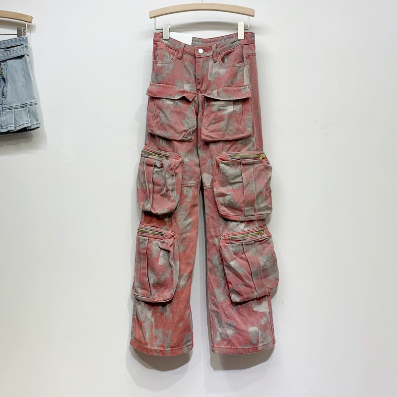 American retro washed workwear jeans women's spring and autumn camouflage multi pocket couple loose straight leg wide leg pants trendy