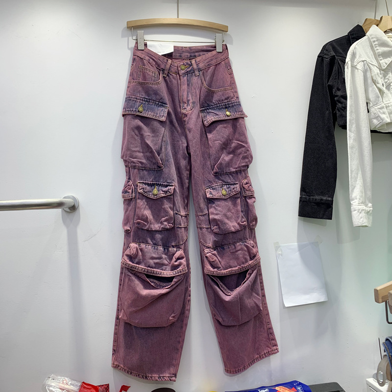 American retro 2023 autumn new straight leg pants loose pants heavy industry, large pocket workwear denim pants for women American retro 2023 autumn new straight leg pants loose pants heavy industry, large pocket workwear denim pants for women