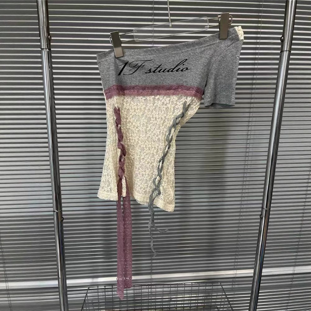 2025 Spring/Summer New American Spicy Girl Style Lace Splicing Fake Two piece Hoodie Women's Slant Shoulder Slimming Off Shoulder Top Trendy