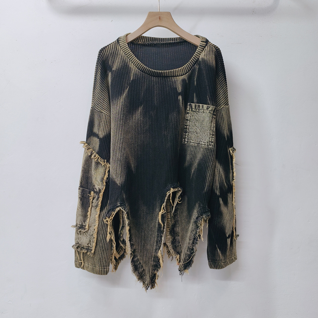 Personalized trendy vintage tie dye patchwork denim irregular hem round neck long sleeved knitted sweater for women in autumn and winter