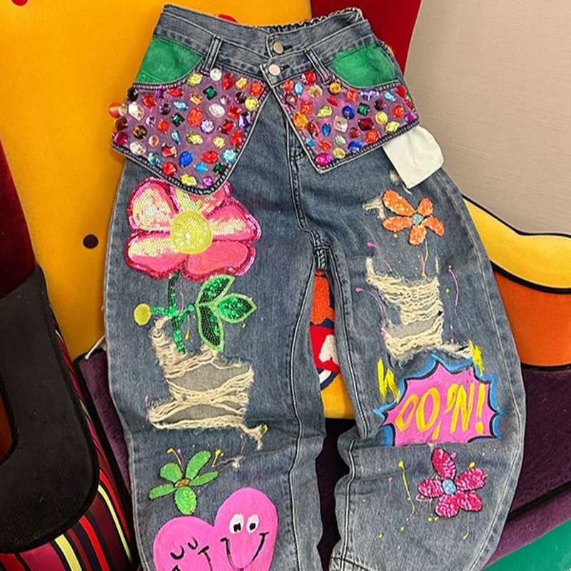 European 2023 Spring New Heavy Industry Nail Bead Piercing Jeans Women's High Waist Loose Straight Pants Cross border Trendy Brand European 2023 Spring New Heavy Industry Nail Bead Piercing Jeans Women's High Waist Loose Straight Pants Cross border Trendy Brand