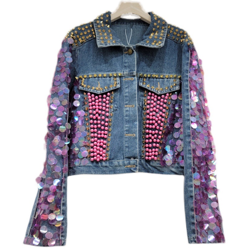 2023 autumn new heavy industry nail bead powder sequin denim jacket, women's short and short top design jacket 2023 autumn new heavy industry nail bead powder sequin denim jacket, women's short and short top design jacket