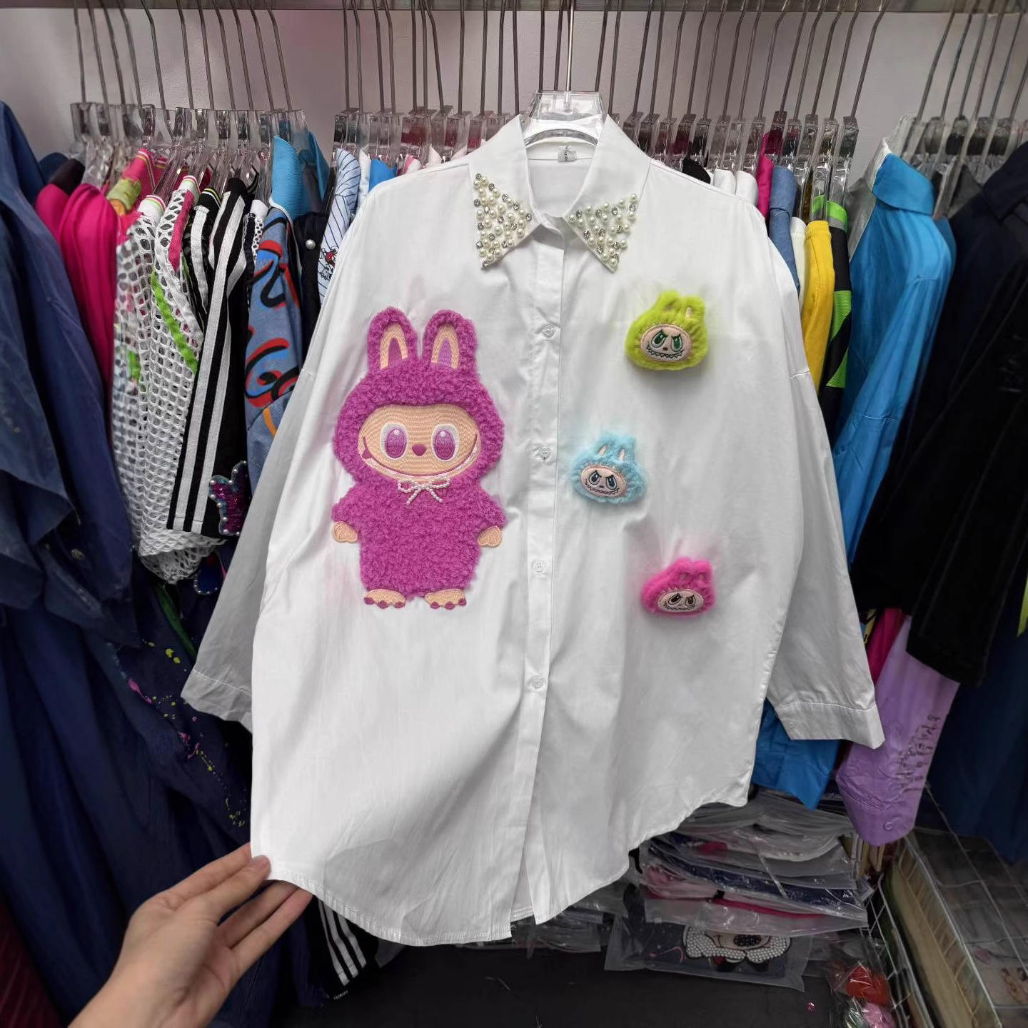 European Station 2025 Spring and Autumn Sweet Heavy Industry Cartoon Embroidery Collar Shirt Women's Design Shirt Loose and Slim Top