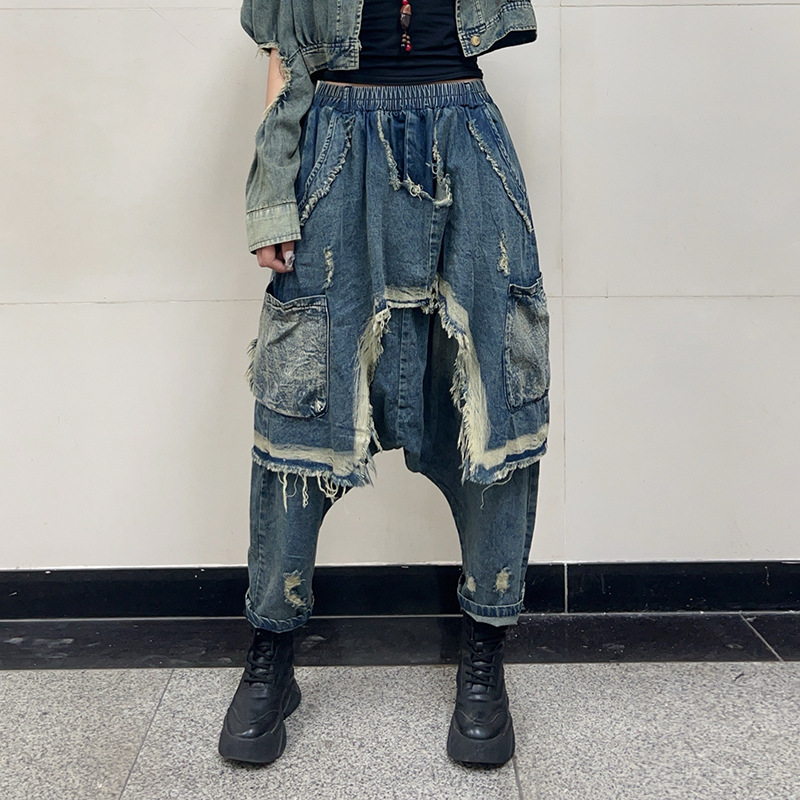 Street fashion brand 2024 autumn new personalized hip-hop jeans for women with elastic waist and loose pockets, hanging crotch pants Street fashion brand 2024 autumn new personalized hip-hop jeans for women with elastic waist and loose pockets, hanging crotch pants