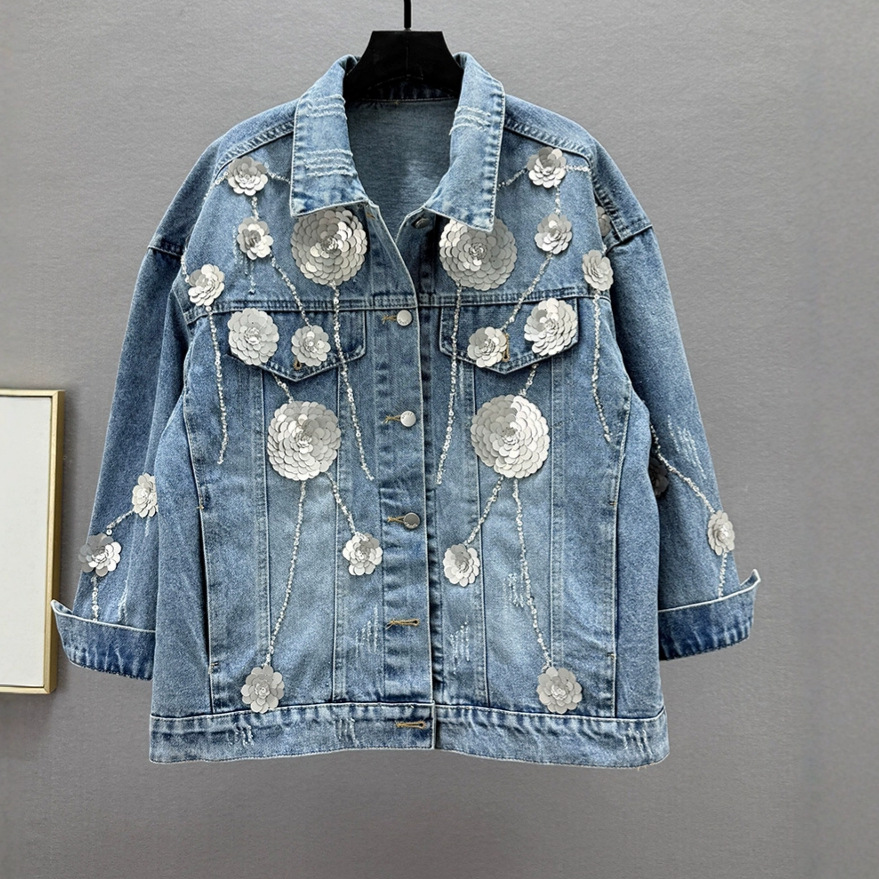 Thailand Chaopai 2025 Spring Autumn New Heavy Industry Sequins Denim Coat Women's Loose Slim Collar Long Sleeve Top