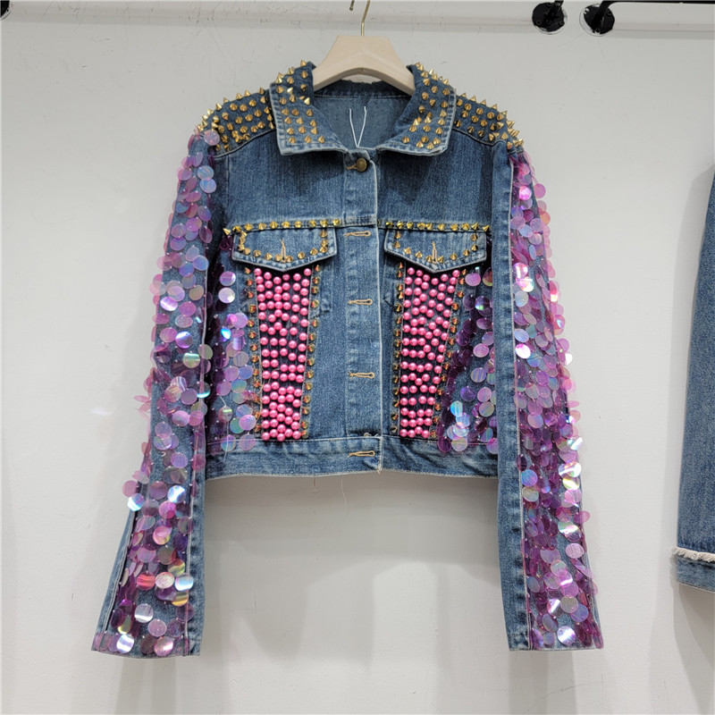 2023 autumn new heavy industry nail bead powder sequin denim jacket, women's short and short top design jacket