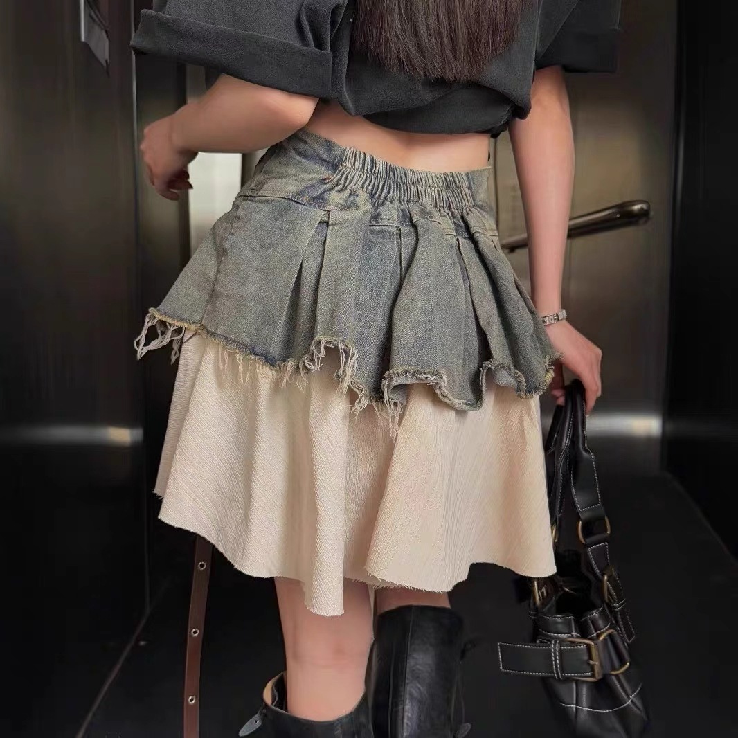 Retro patchwork denim pleated midi skirt for women's summer new style, with a spicy and fashionable high waist slimming A-line short skirt Retro patchwork denim pleated midi skirt for women's summer new style, with a spicy and fashionable high waist slimming A-line short skirt