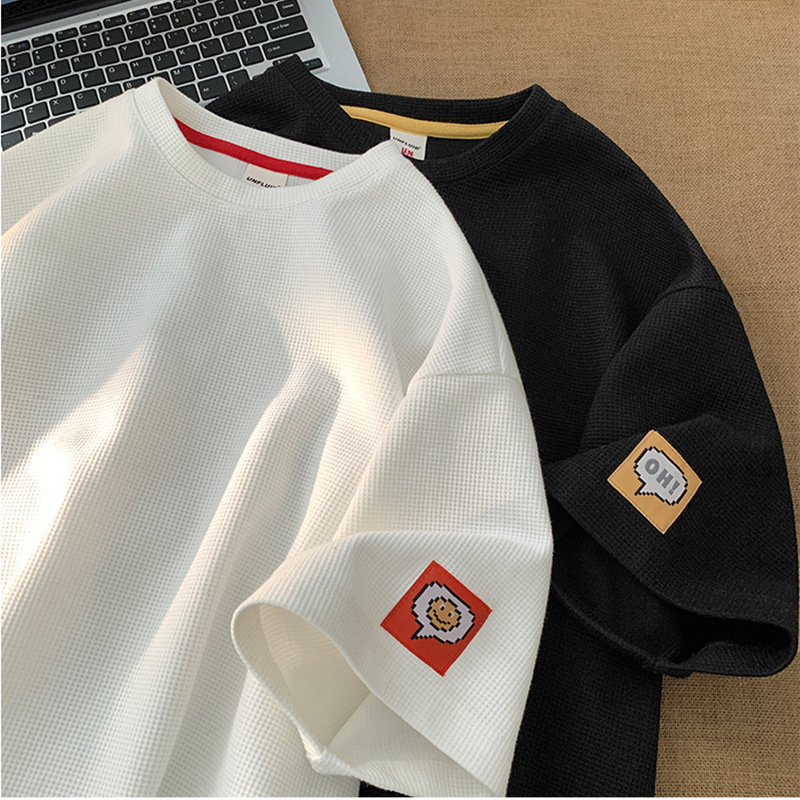 Clearance short sleeved t-shirt for boys, waffle style loose five quarter sleeves, heavyweight teenage half sleeved shirt