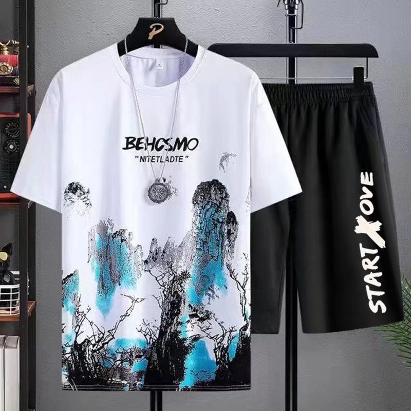 Clothing for men in spring and summer, thin tie dye short sleeved, Chinese style landscape painting in stock, casual versatile wholesale, round neck
